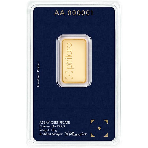 Rückseite des Goldbarren 10 g philoro