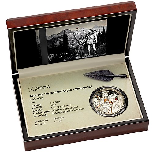 Silber Schweizer Mythen und Sagen - Wilhelm Tell 2 oz - High Relief 2025 im Original Münzetui