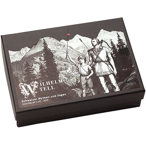 Silber Schweizer Mythen und Sagen - Wilhelm Tell 2 oz - High Relief 2025 - Verpackung