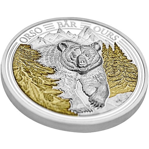 seitliche Ansicht der Silber Swiss Wildlife - Bär 3 oz PP - Ultra High Relief 2025