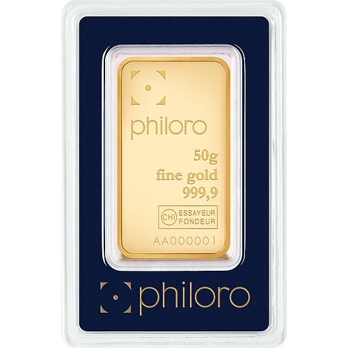 Vorderseite des Goldbarren 50 g philoro