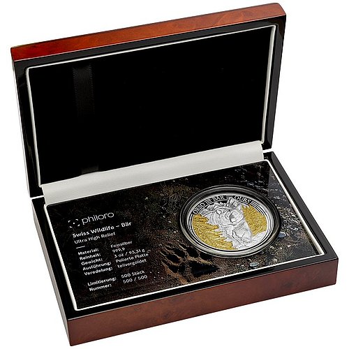 Original Münzetui des Silber Swiss Wildlife - Bär 3 oz PP - Ultra High Relief 2025