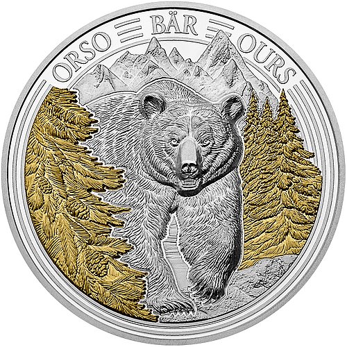 Vorderseite der Silber Swiss Wildlife - Bär 3 oz PP - Ultra High Relief 2025