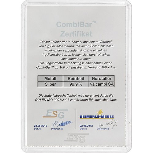 Rückseite des Silber CombiBar® 100 x 1g
