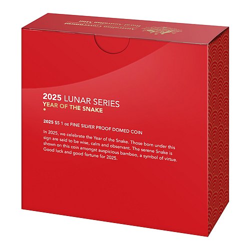 Silber Lunar Schlange 1 oz PP gewölbte Prägung - RAM 2025 - Verpackungsansicht von hinten