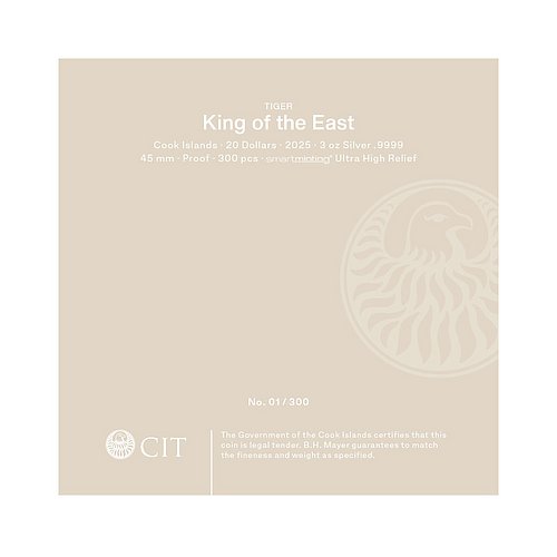 Zertifikat des Silber King of the East - Tiger 3 oz PP - Ultra High Relief