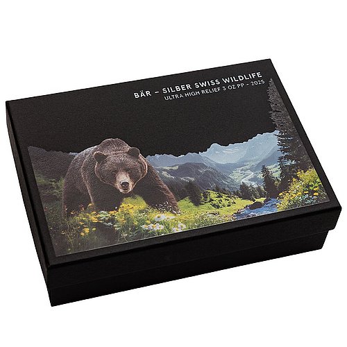 Original Münzetui des Silber Swiss Wildlife - Bär 3 oz PP - Ultra High Relief 2025